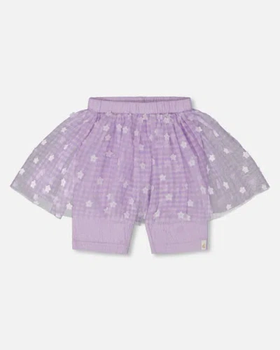 Deux Par Deux Kids'  Little Girl's Crinkle Biker Short With Flower Mesh Skirt Lilac With White Flowers