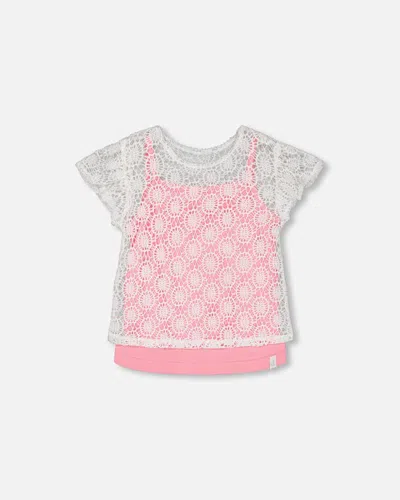 Deux Par Deux Kids' Little Girl's Crochet Top With Contrast Tank Pink In Multi