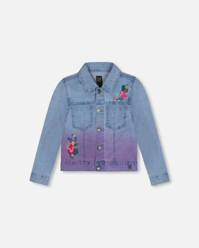 Deux Par Deux Kids'  Little Girl's Denim Jacket With Embroidery Floral Jeans Blue