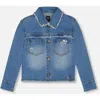 Deux Par Deux Little Girl's Frayed Denim Jacket With Embroidery Jeans Blue In Jeans Blue