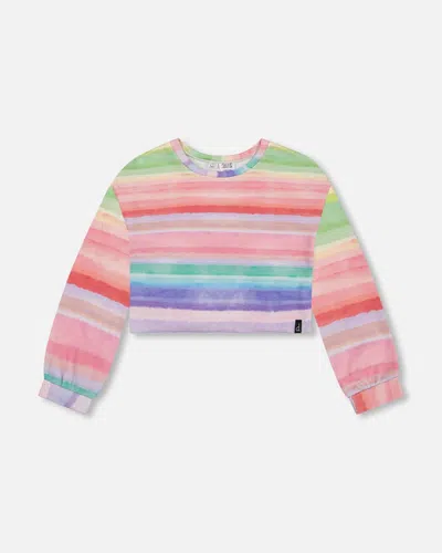 Deux Par Deux Kids' Little Girl's French Terry Sweatshirt Rainbow Stripe