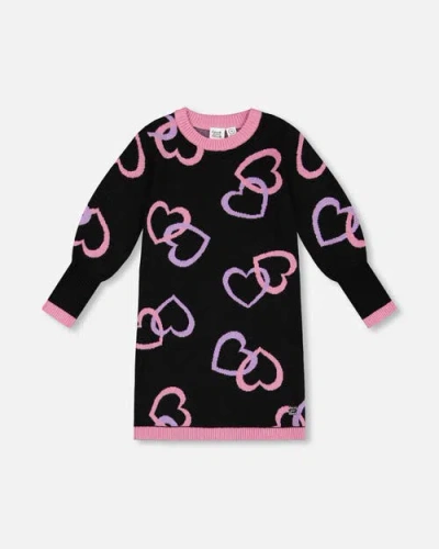 Deux Par Deux Kids'  Little Girl's Jacquard Hearts Dress Black In Hearts Jacquard