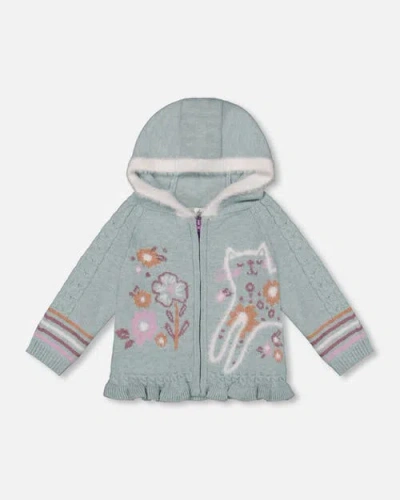 Deux Par Deux Kids'  Little Girl's Jacquard Hooded Knit Cardigan Light Turquoise In Frosty Green