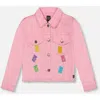 Deux Par Deux Little Girl's Jean Jacket With Embroidery Pink And Multicolored Gummies In Pink And Multicolored Gummies