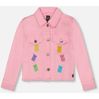 Deux Par Deux Babies'  Little Girl's Jean Jacket With Embroidery Pink And Multicolored Gummies