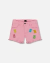 Deux Par Deux Little Girl's Jean Short With Embroidery Pink And Multicolored Gummies In Pink And Multicolored Gummies