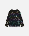 Deux Par Deux Little Girl's Long Sleeve T-shirt Foil Black Printed Stars In Printed Foil Stars