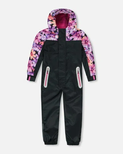 Deux Par Deux Babies'  Little Girl's Mid-season One-piece Outerwear Black With Pink And Orange Flowers In Black Pink And Orange Flowers