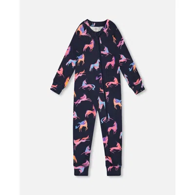 Deux Par Deux Babies'  Little Girl's One Piece Thermal Underwear Navy Printed Unicorn In Printed Unicorns