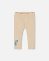 Deux Par Deux Little Girl's Organic Cotton Legging Beige With Blue Flowers In Beige With Blue Flowers