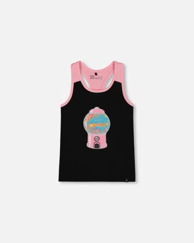 Deux Par Deux Babies'  Little Girl's Organic Cotton Racerback Tank Top Black And Candy Machine