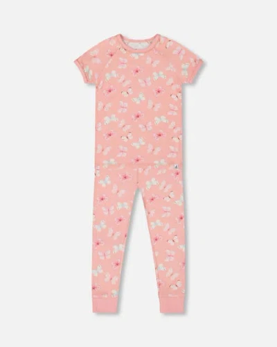 Deux Par Deux Kids'  Little Girl's Organic Cotton Short Sleeve Top And Pant Pajama Set Pink And Blue Butter In Pink And Blue Old Pink