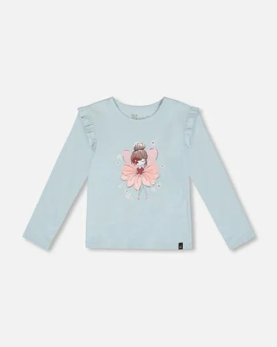 Deux Par Deux Little Girl's Organic Cotton T-shirt With Frill Light Blue In Sterling Blue