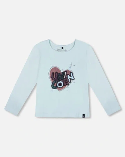 Deux Par Deux Girls' Organic Cotton T-shirt With Print Light Blue - Big Kid In Blue Glow
