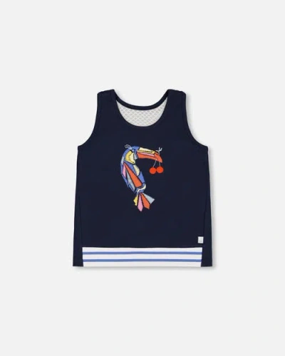 Deux Par Deux Babies'  Little Girl's Organic Cotton Tank Top Navy Blue And Toucan