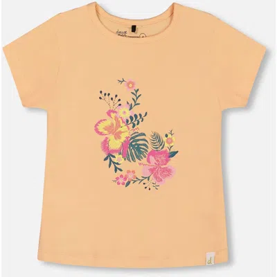Deux Par Deux Babies'  Little Girl's Organic Cotton Tee Light Orange And Flowers