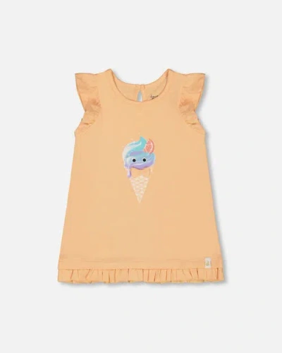 DEUX PAR DEUX DEUX PAR DEUX LITTLE GIRL'S ORGANIC COTTON TUNIC WITH FRILL AND PRINT LIGHT ORANGE AND ICE CREAM CON