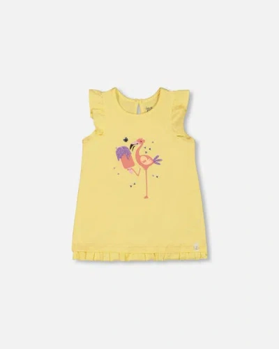 Deux Par Deux Babies'  Little Girl's Organic Cotton Tunic With Frill And Print Yellow And Flamingo