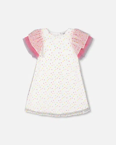 Deux Par Deux Kids' Little Girl's Polka Dot Dress With Mesh White Printed Party Dots