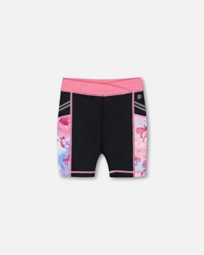 Deux Par Deux Kids'  Little Girl's Printed Athletic Biker Short Black, Pink And Multicolored Butterflies In Black Pink And Multicolored