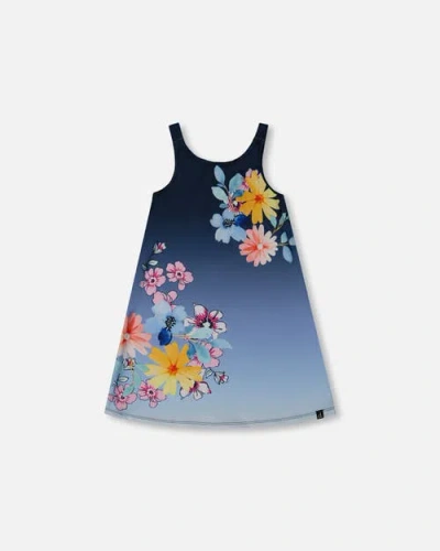 Deux Par Deux Babies'  Little Girl's Printed Beach Dress Yellow, Pink Flowers On Navy Blue Background In Yellow Pink Flowers On Navy