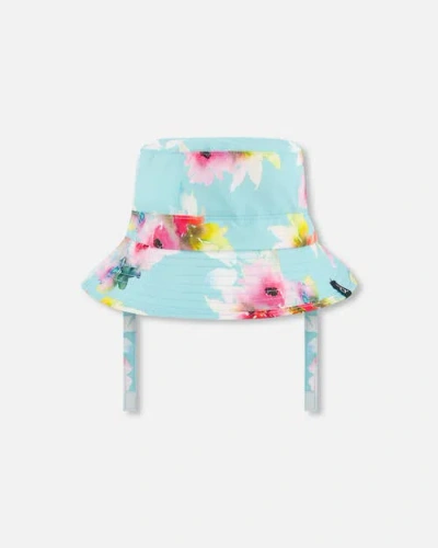 Deux Par Deux Babies'  Little Girl's Printed Beach Sun Hat Turquoise And Pink Flowers