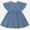 Deux Par Deux Little Girl's Printed Chambray Dress Blue And White Cherries In Blue And White Cherries