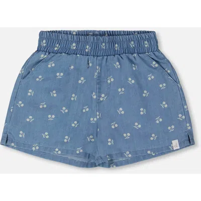 Deux Par Deux Babies'  Little Girl's Printed Chambray Short Blue And White Cherries