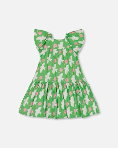Deux Par Deux Kids'  Little Girl's Printed Dress With Flounce Sleeves Green With White And Pink Bird