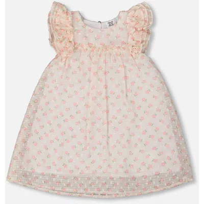 DEUX PAR DEUX DEUX PAR DEUX LITTLE GIRL'S PRINTED DRESS WITH FRILLS PALE PINK AND FLOWERS