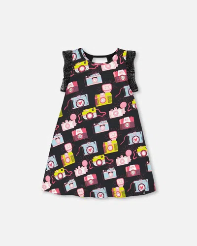 Deux Par Deux Kids' Little Girl's Printed Dress With Mesh Sleeves Black