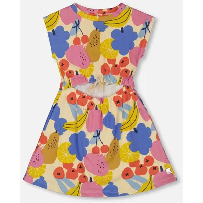 Deux Par Deux Kids'  Little Girl's Printed French Terry Dress Fruits On Yellow Background