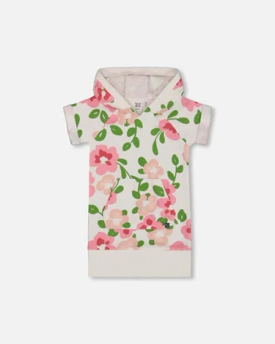 Deux Par Deux Babies'  Little Girl's Printed French Terry Hooded Dress Pink Flowers On White Background