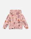 Deux Par Deux Little Girl's Printed French Terry Hoodie Cardigan Pink And Coral Houses In Pink And Coral Houses