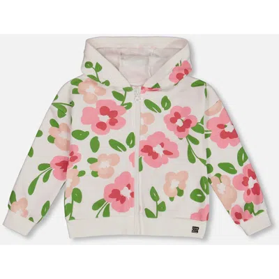 Deux Par Deux Kids'  Little Girl's Printed French Terry Hoodie Cardigan Pink Flowers On White Background