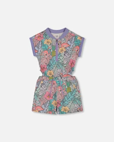 Deux Par Deux Babies'  Little Girl's Printed French Terry Romper Lilac Tropical And Pink Flamingos In Lilac And Pink Flamingos