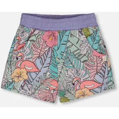 Deux Par Deux Babies'  Little Girl's Printed French Terry Short Lilac Tropical And Pink Flamingos In Lilac And Pink Flamingos