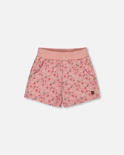 DEUX PAR DEUX DEUX PAR DEUX LITTLE GIRL'S PRINTED FRENCH TERRY SHORT OLD PINK AND FLOWERS