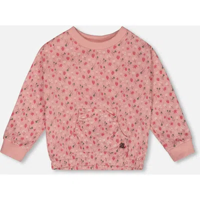 Deux Par Deux Babies'  Little Girl's Printed French Terry Sweatshirt Old Pink And Flowers