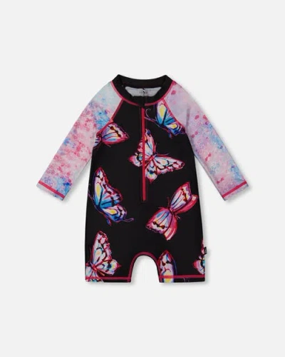 Deux Par Deux Babies'  Little Girl's Printed Long Sleeve One-piece Rashguard Black And Multicolored Butterfli