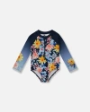 Deux Par Deux Kids'  Little Girl's Printed Long Sleeve Rashguard Navy And Yellow And Pink Flowers In Navy Yellow And Pink Flowers