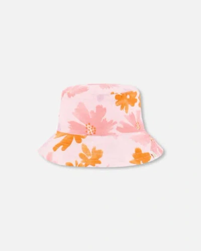 Deux Par Deux Babies'  Little Girl's Printed Muslin Bucket Hat Pink And Coral Flowers