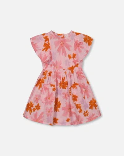 Deux Par Deux Babies'  Little Girl's Printed Muslin Dress Pink And Coral Flowers