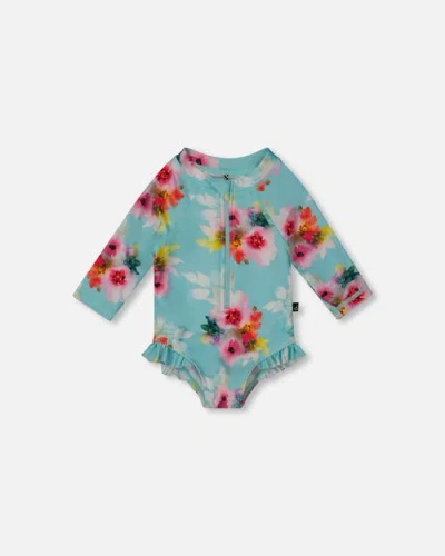 Deux Par Deux Babies'  Little Girl's Printed One-piece Rashguard With Frills Turquoise And Pink Flowers