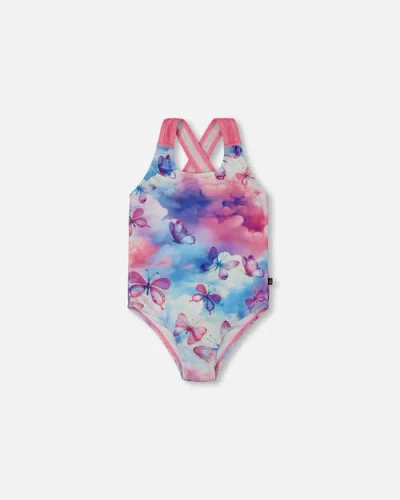 Deux Par Deux Babies'  Little Girl's Printed One-piece Swimsuit Butterflies On Multicolored Background