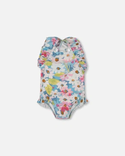 Deux Par Deux Babies'  Little Girl's Printed One-piece Swimsuit With Frills White, Pink, And Green Flowers