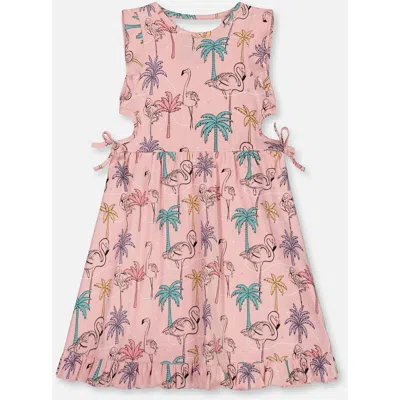 Deux Par Deux Babies'  Little Girl's Printed Organic Cotton Dress With Cut Outs Palm Trees, Pink Flamingo, An