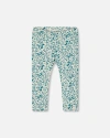 Deux Par Deux Little Girl's Printed Organic Cotton Legging Small Turquoise Flowers In Small Turquoise Flowers