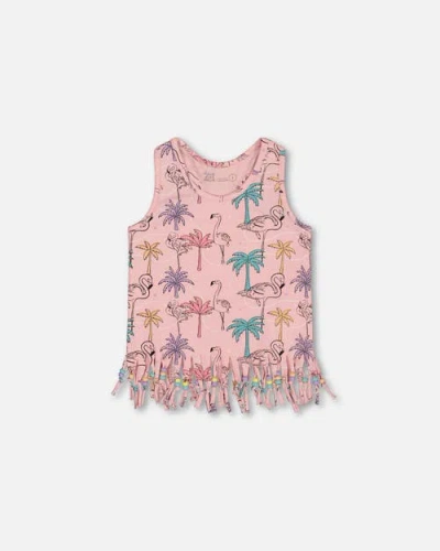 Deux Par Deux Babies'  Little Girl's Printed Organic Cotton Tank Top With Fringe Palm Trees, Pink Flamingo, A