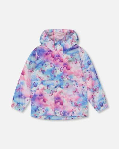 Deux Par Deux Kids'  Little Girl's Printed Packable Windbreaker Butterflies On Multicolored Background